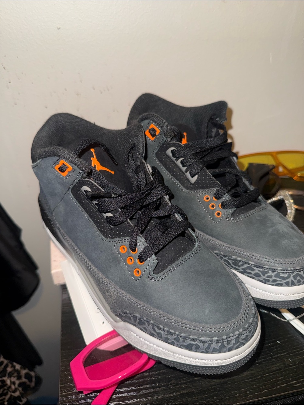Jordan Men's Gray Suede Sneakers with Orange Accents